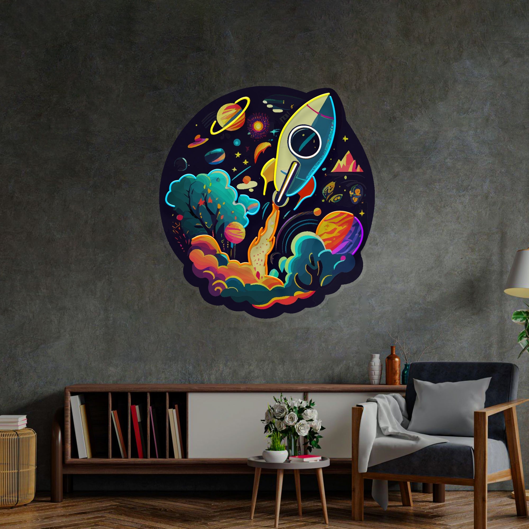 Rocket Launching Universe LED Neon Sign Light Pop Art