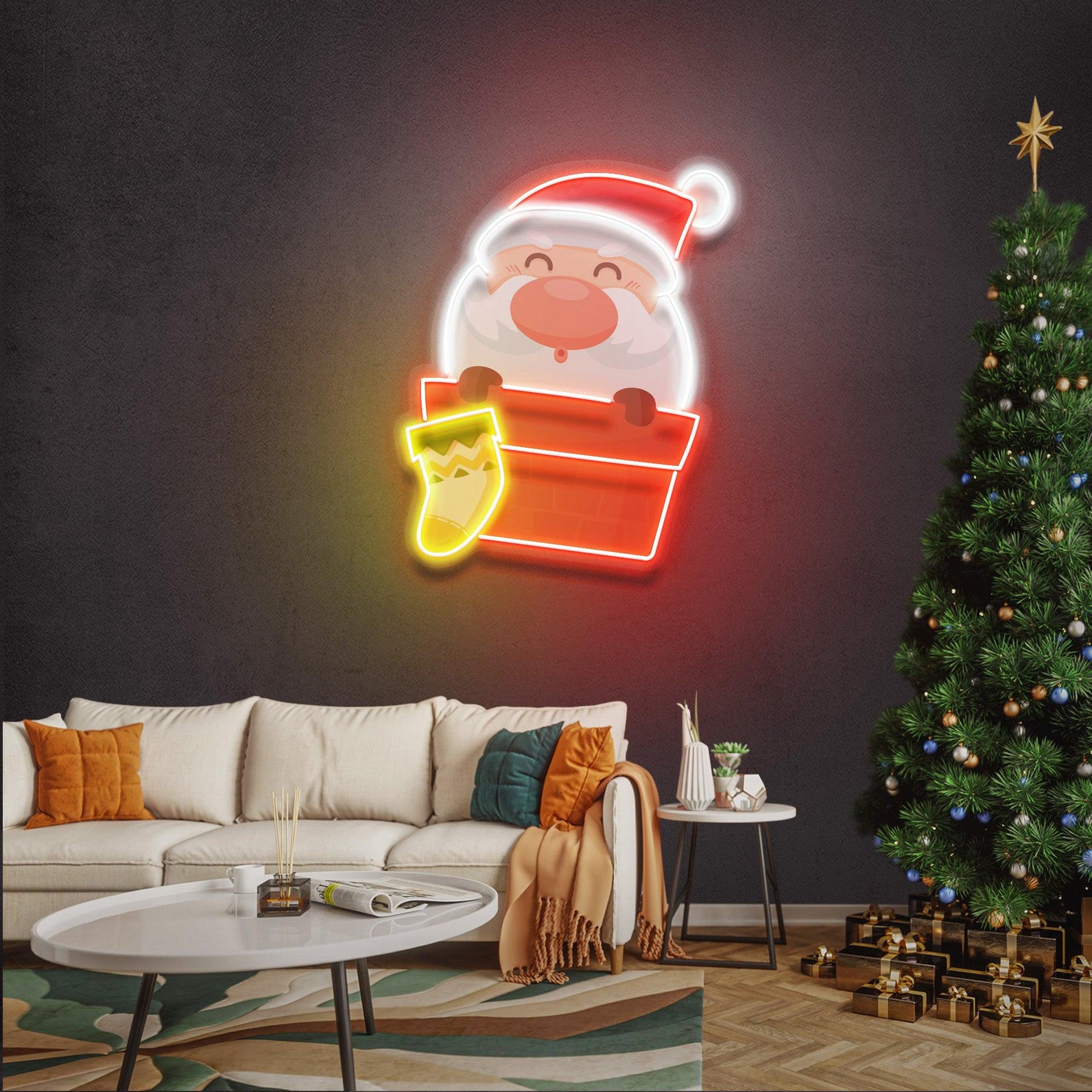Santa With Sock Christmas LED Neon Acrylic Artwork