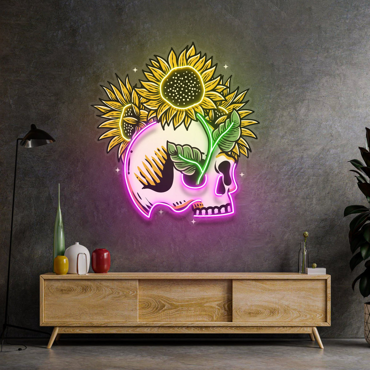 Skull Sun Flowers LED Neon Sign Light Pop Art