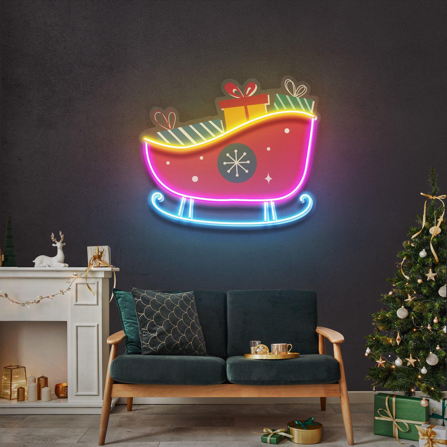 Sleigh With Gifts Christmas LED Neon Acrylic Artwork