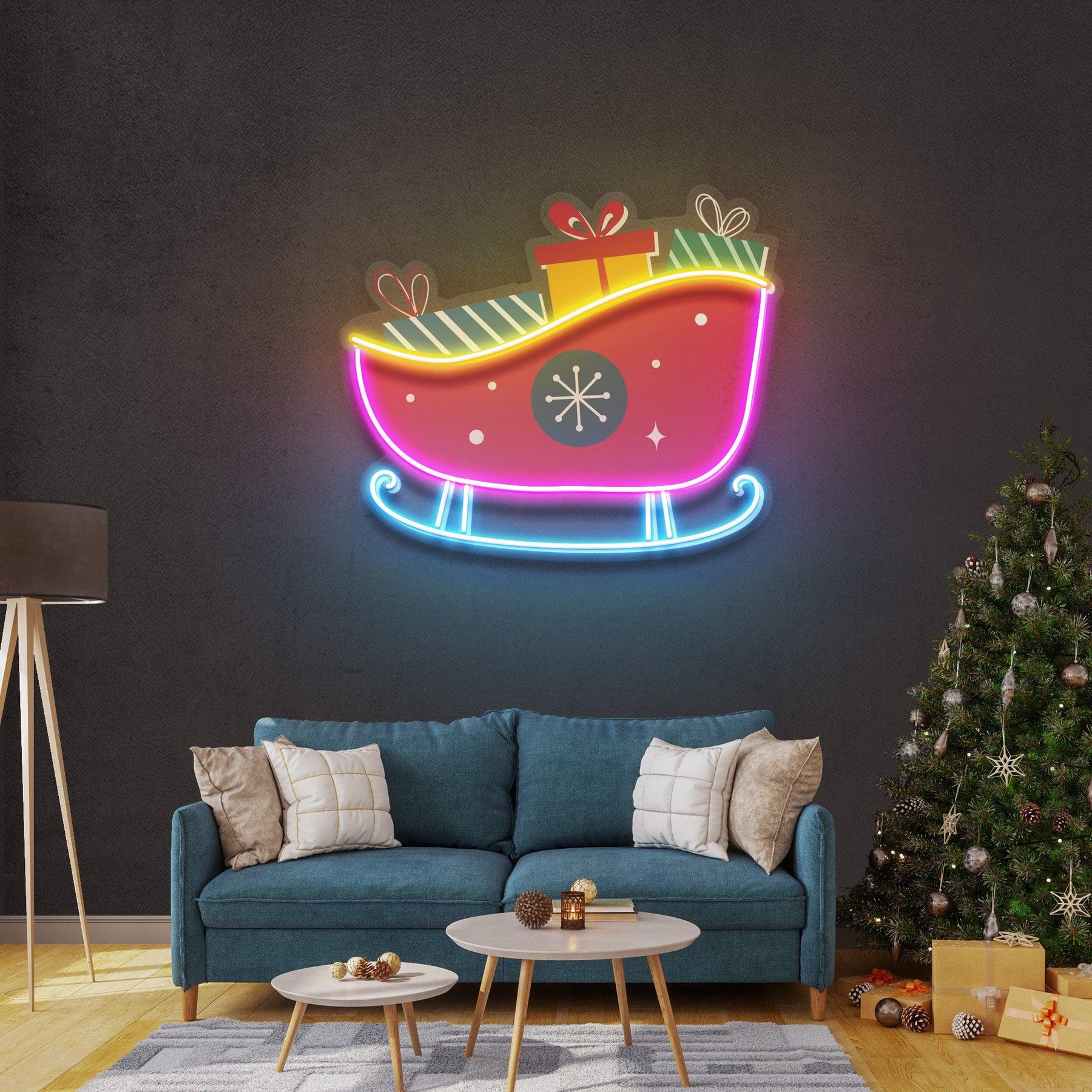 Sleigh With Gifts Christmas LED Neon Acrylic Artwork